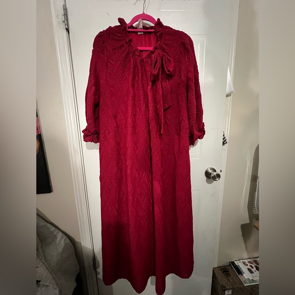 Modest Beautiful Boutique Red Textured Ruffle Neck/Sleeve Long Bow Full Dress